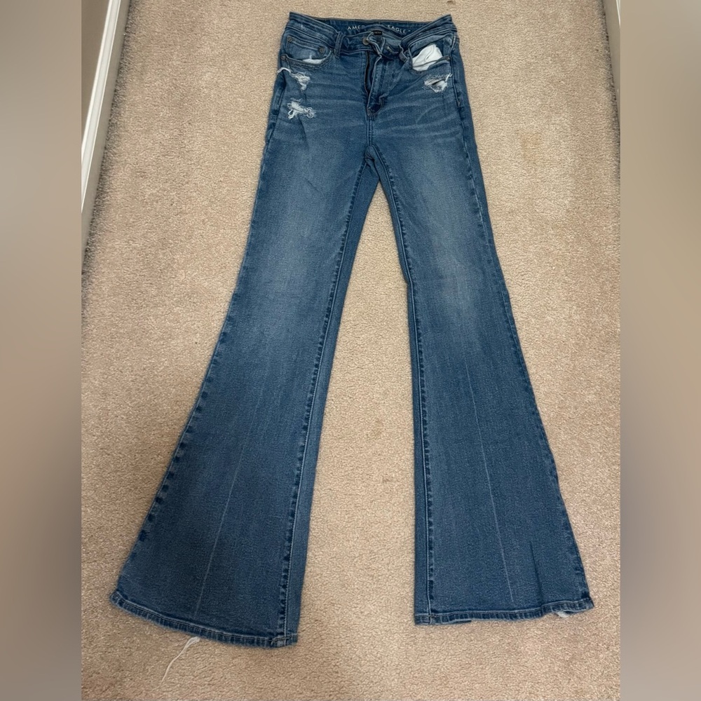 American Eagle Outfitters Distressed Blue Flare Jeans